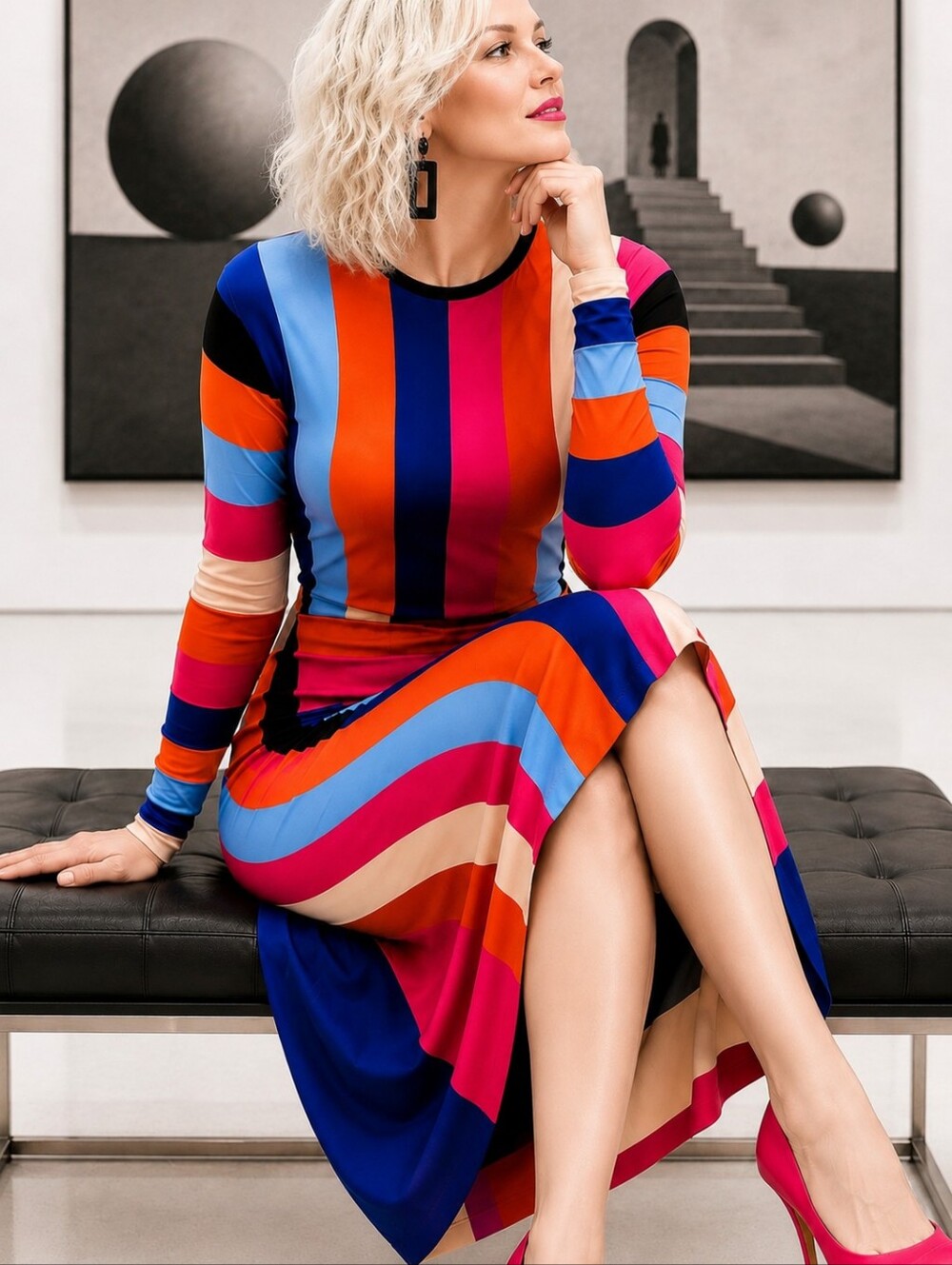 Geometric Striped Long Sleeve Colorful Lightweight Knit Maximilist Midi Dress